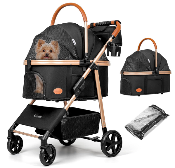 A pet stroller with a small dog inside, alongside a matching carrier and a folded clear plastic cover, all with black fabric and rose gold accents.