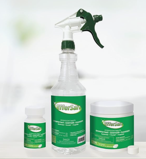 A spray bottle of ErfferSan disinfectant cleaner, with two smaller containers of the same product next to it, against a blurred white background.