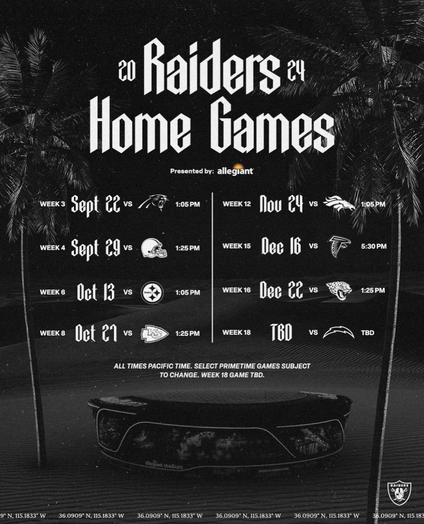 Raiders Home Schedule 2024 🏴&zwj;☠️ Let M Ride take you there! We are pumped to be an official partner of the Las Vegas Raiders and Allegiant Stadium for the 2024 Season. 

Fans can catch one of our luxury shuttles to ALL Raiders Home Games from Cir