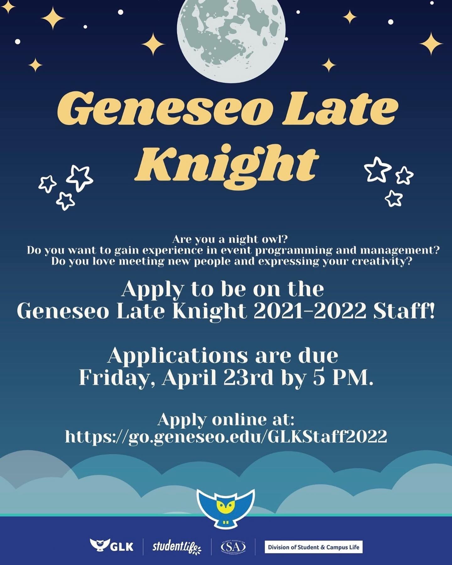 Apply to be part of our staff! It&rsquo;s a great way to get involved in campus life!! We look forward to hearing from you!! Applications due Friday April 23 at 5 PM!