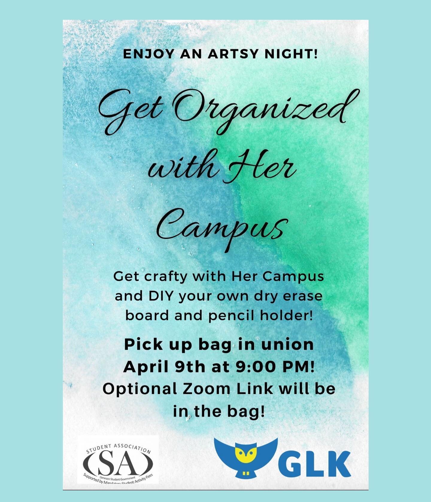 join us tonight with HER campus! 9pm come stop by the union to pick up your bag! Sign up at the link in our bio!!