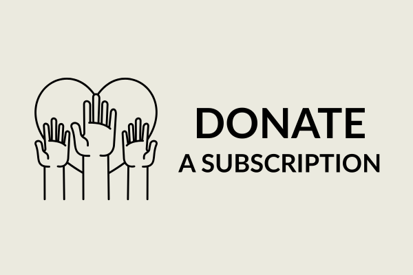 Three raised hands in front of large heart, Donate a Subscription
