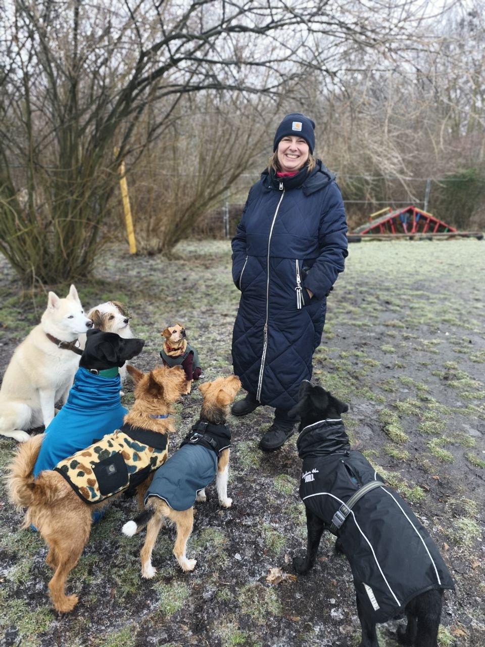 Eine lachende Frau mit braunen Haaren, in einem blauen Jacke und grüner Mütze, die zwei Hunde hält, im Freien auf einem Weg, neben einem großen Baum und blauer Himmel.