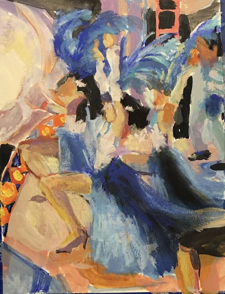 Vegas Blue Floor Show Blue, 9 x 7",  gouache pastel, 2021