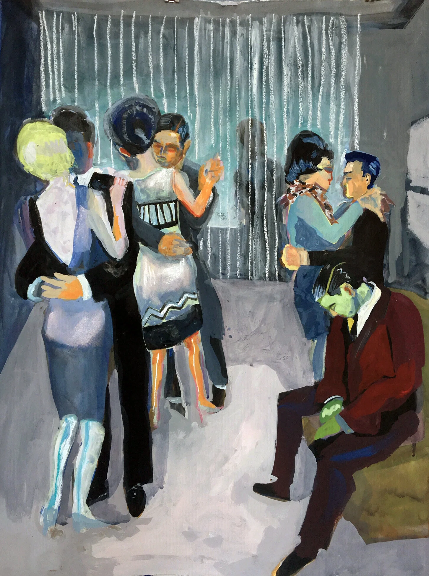 Dancing in a Box, 28 x 22 approx, gouache, pastel, 2019