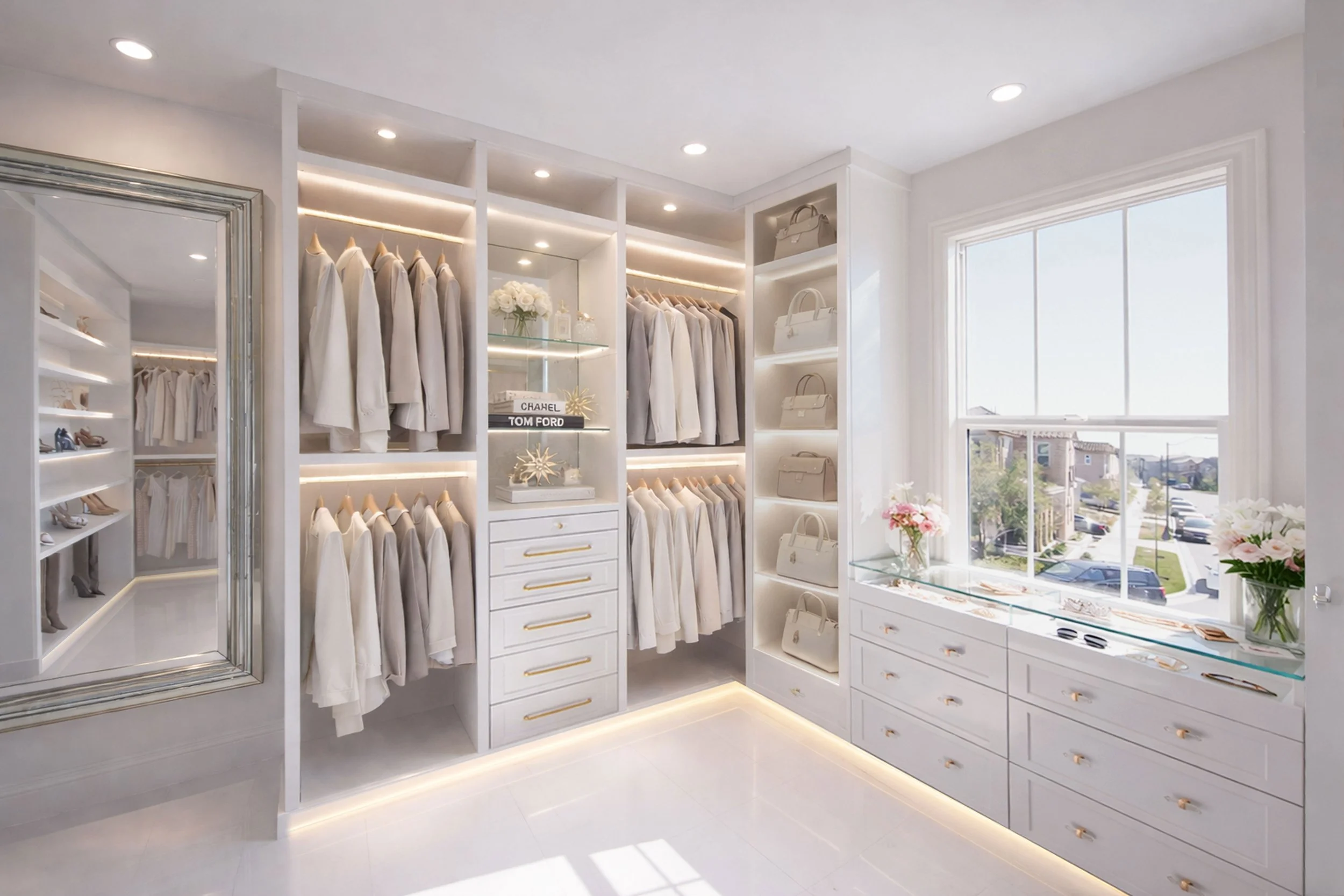A walk-in closet with white built-in shelves and drawers, decorated with handbags, arranged formal clothing like blazers and shirts, with flower vases, books, and decorative items. Large window bringing in natural light, and a big mirror on the left.