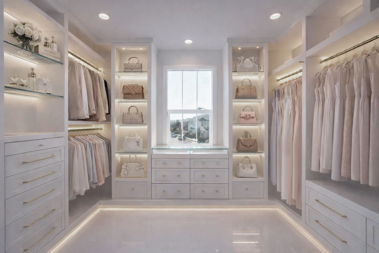 A walk-in closet with white built-in shelves and drawers, neatly organized with handbags, clothing, and accessories, illuminated by recessed lighting and a large central window with a view of houses outside.