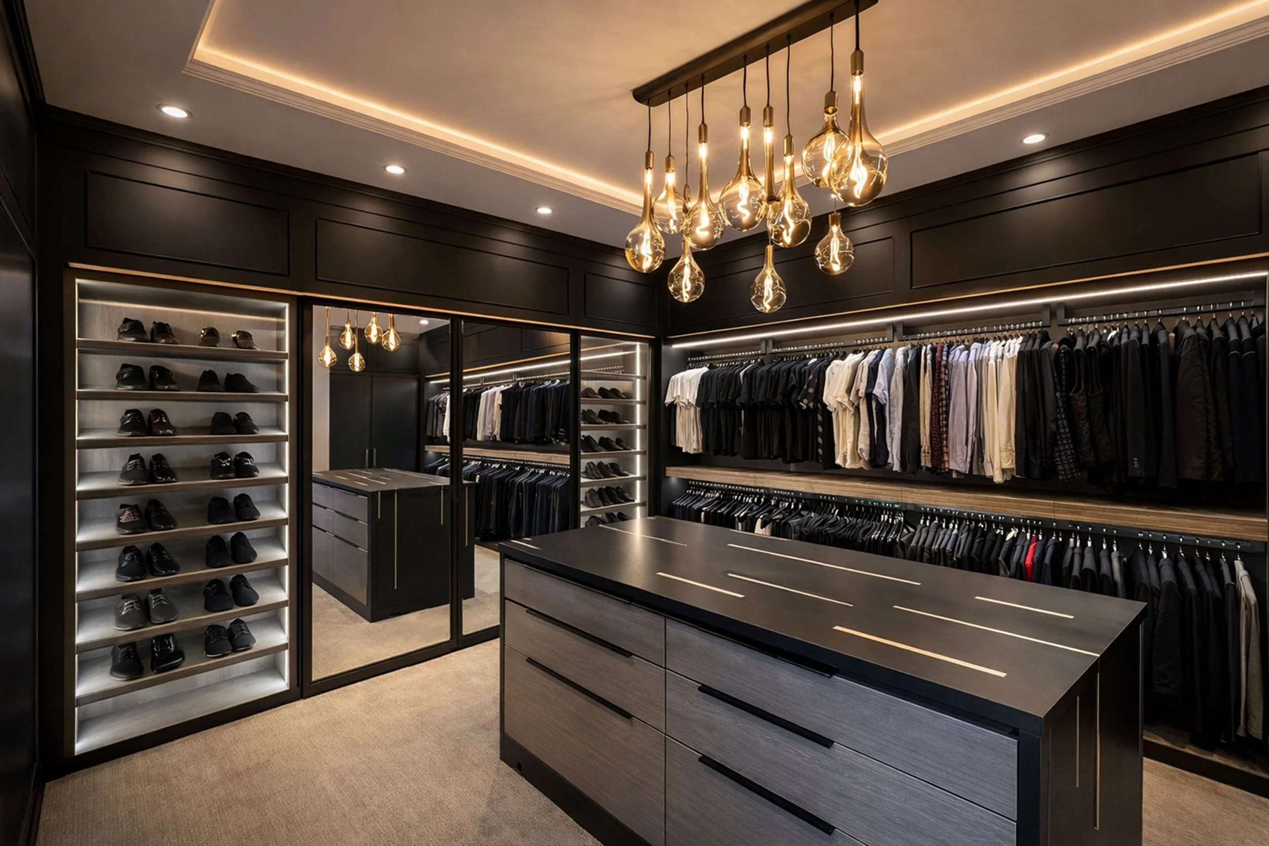 Men's luxurious and moody walk-in closet in black, custom island countertop, and modern integraded lighting.