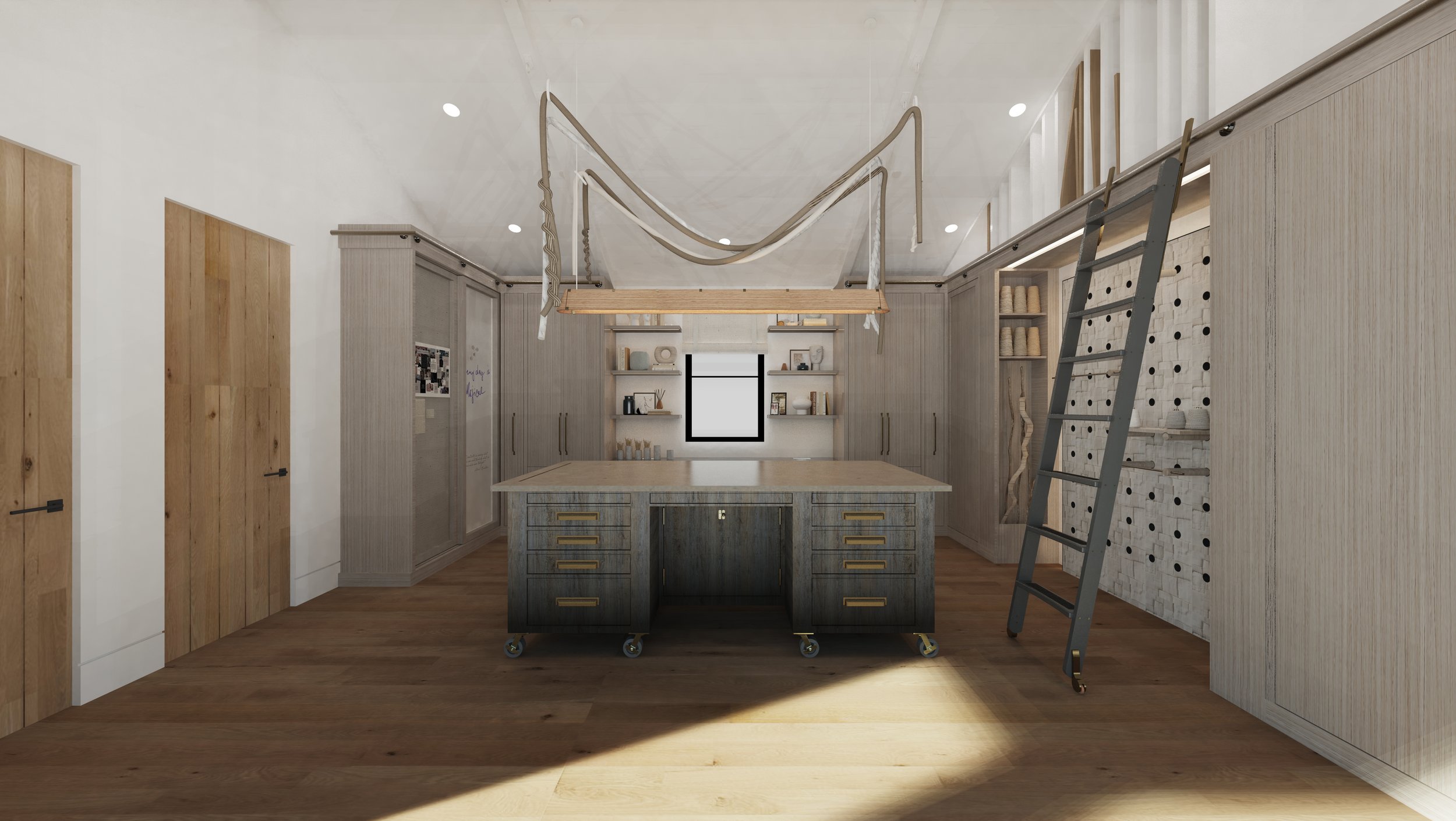 A spacious, modern kitchen with a large island in the center, light wooden cabinetry, a window, and a vintage-style ladder.