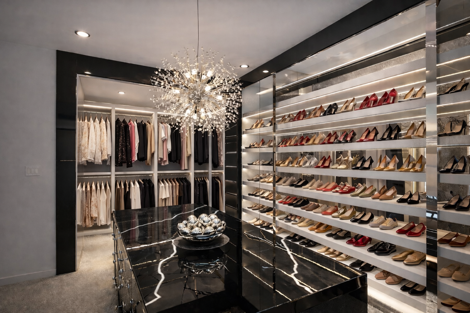 Luxurious walk-in closet with clothing rack and shelves of high heels, decorative chandelier, black marble table with metallic bowl, modern lighting.
