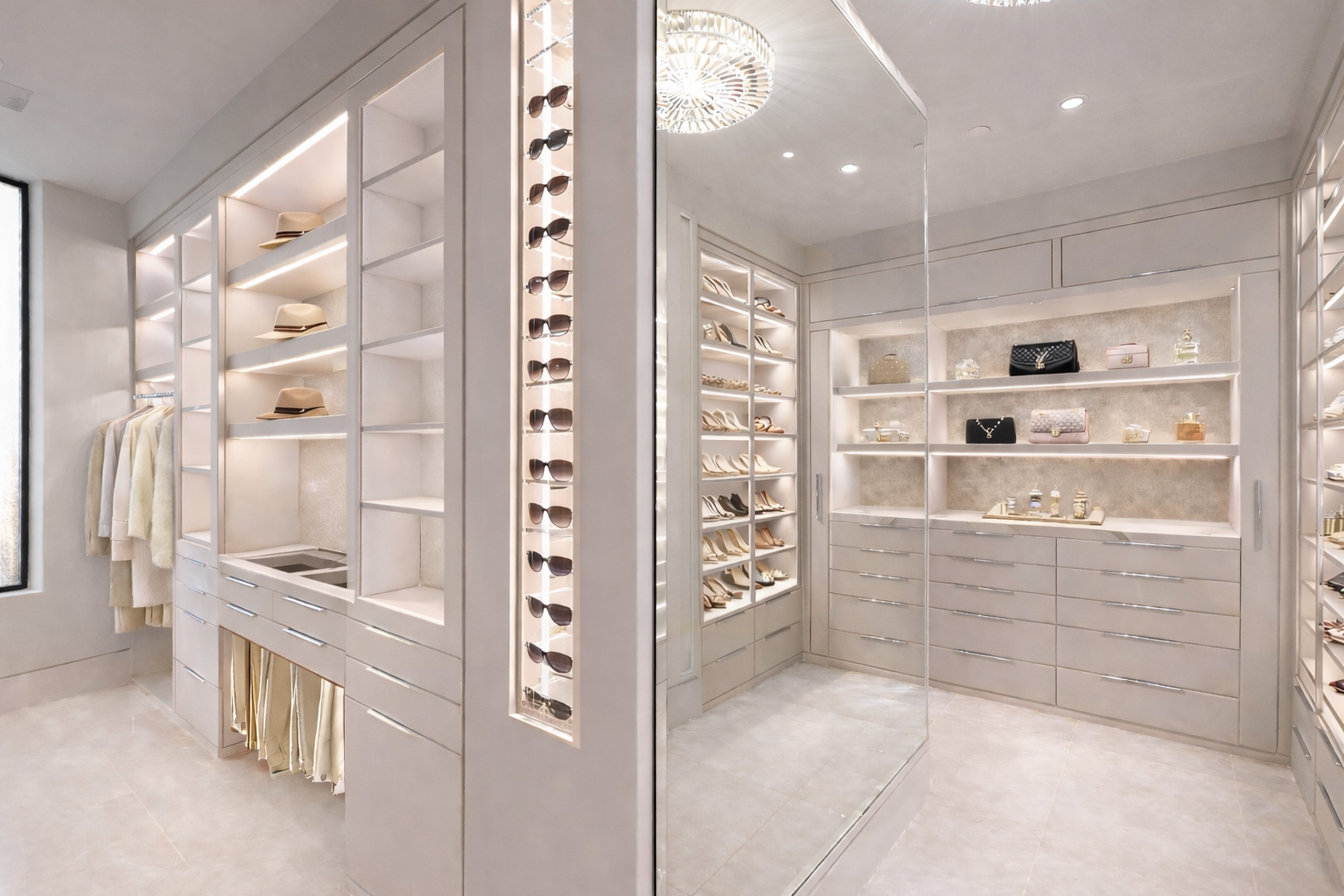 A walk-in closet with white shelves and drawers, displaying sunglasses, handbags, and shoes. The closet has a large mirror, a ceiling light fixture, and a window bringing in natural light.