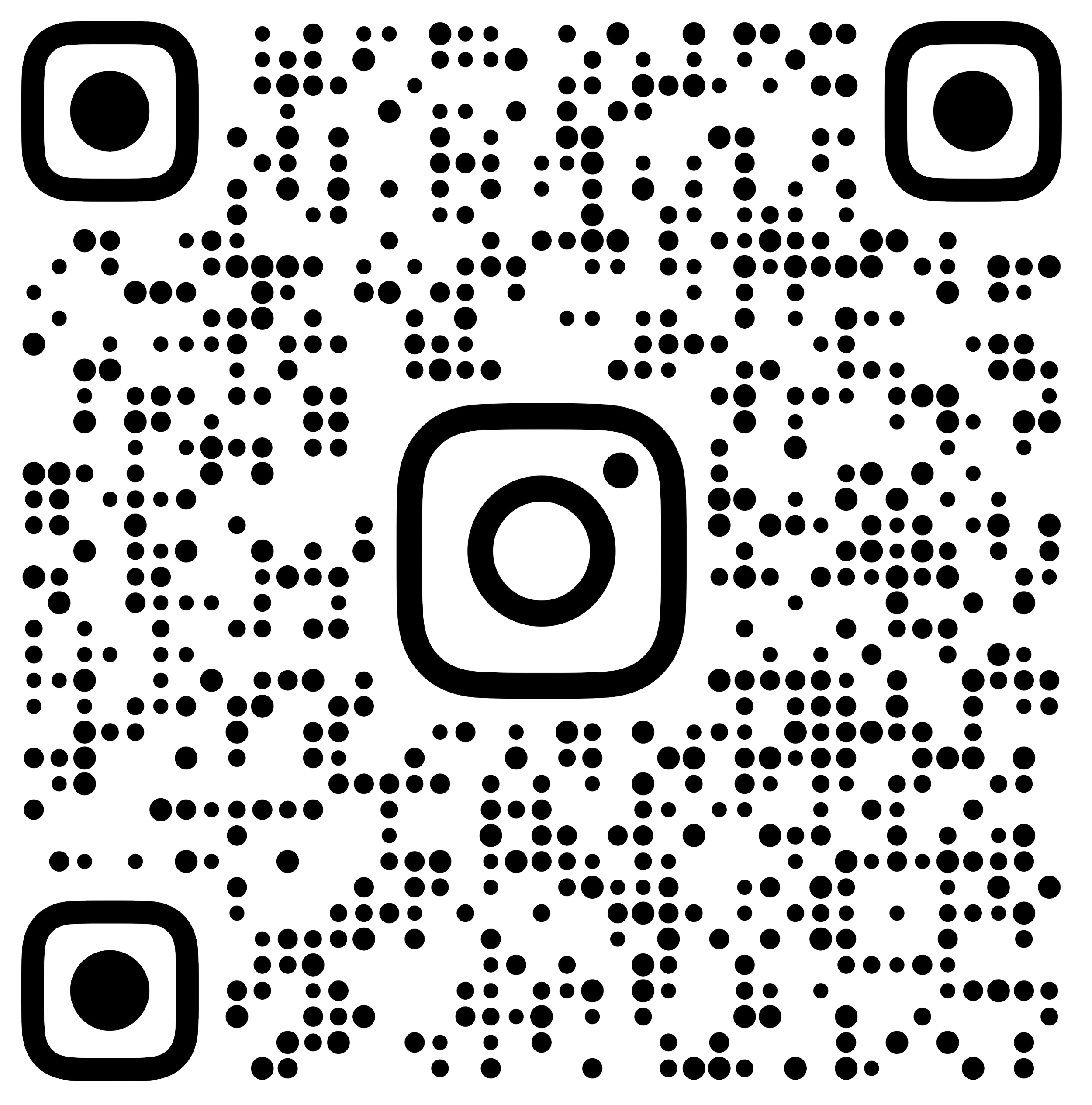 QR code with a pattern of small circles arranged in a grid on a black background, featuring the Instagram logo in the center and in the top left and bottom left corners.