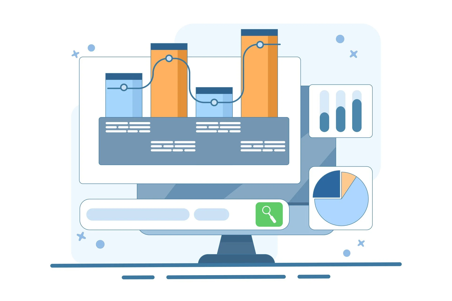 Graph search concept, business financial data analysis. Big data and analysis, document with graphs, flat design illustration.