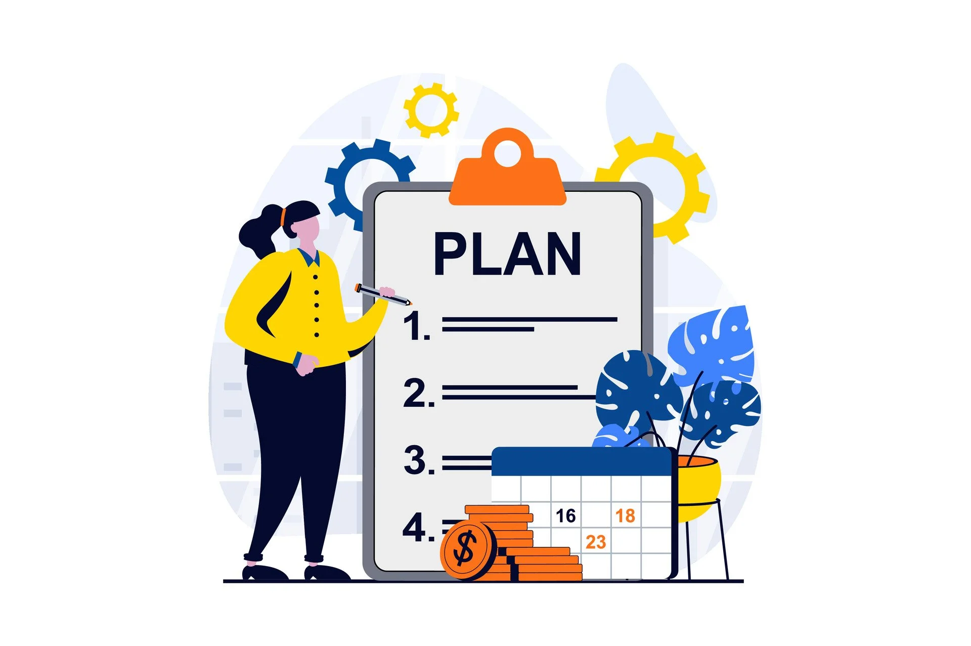 Business making concept with people scene in flat cartoon design. Businesswoman creates plan for organizing business processes and invests in new company.