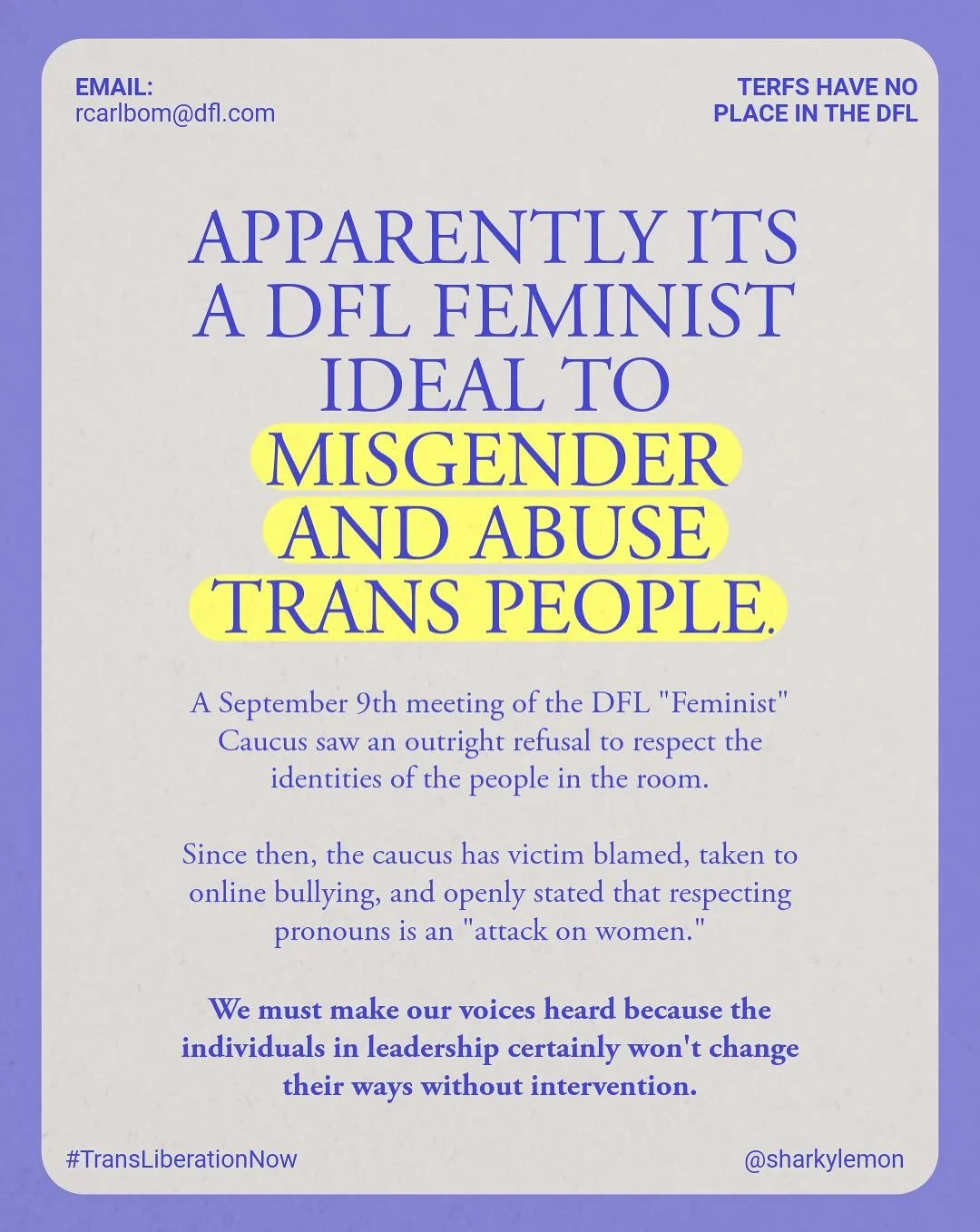 I am publicly calling on the @dflfeministcaucus to retract their harmful, white supremacist anti-trans statement and for the immediate resignation of the Caucus Chairs Alicia Gibson and Charles Dobson. 

I am also reaching out to @kenmartin1973 and t