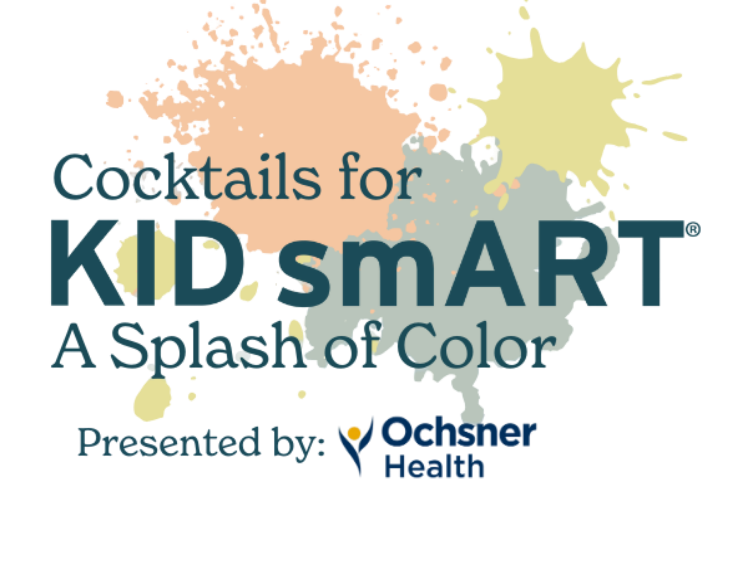 Orange, yellow and blue paint splatters behind text: "Cocktails for KID smART, A Splash of Color. Presented by: Ochsner Health"
