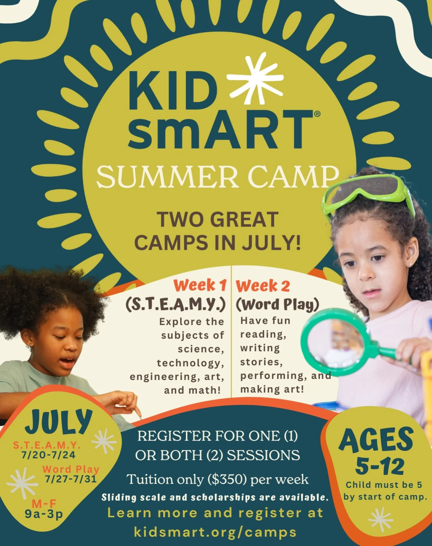 Summer camp, anyone? 🌞🍉🕶️✨

Get ready for an exciting summer at KID smART! We are thrilled to announce our week-long camps focusing on STEAM learning and literacy through the arts. Campers will engage in hands-on projects and explore creativity in