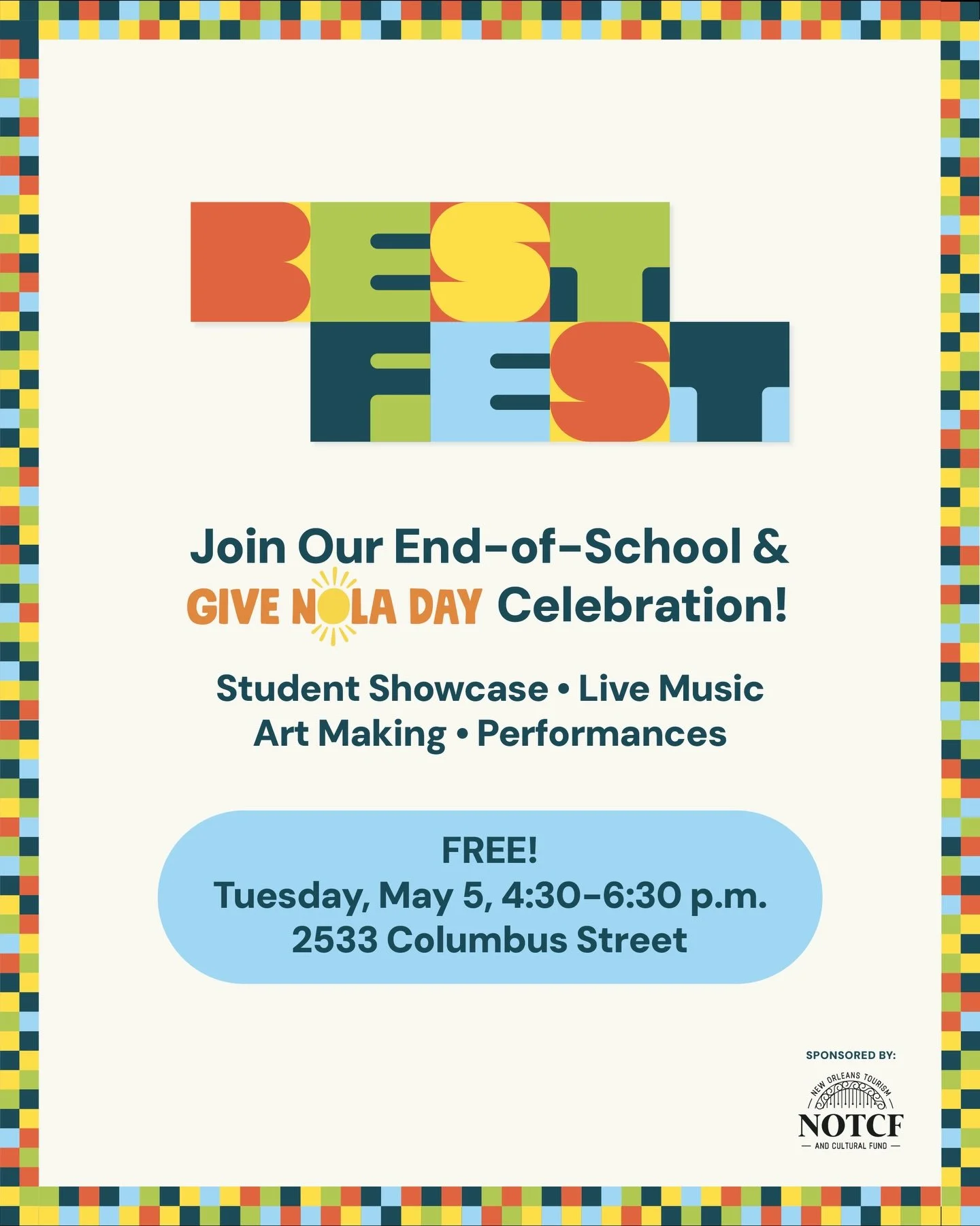 Join us for BEST FEST on May 5th! 🎨✨

Experience a day of creativity and fun as we celebrate the incredible talents of our students and Teaching Artists. Enjoy live music from Duo Louisiane and special performances from ISL Westbank students in a vi