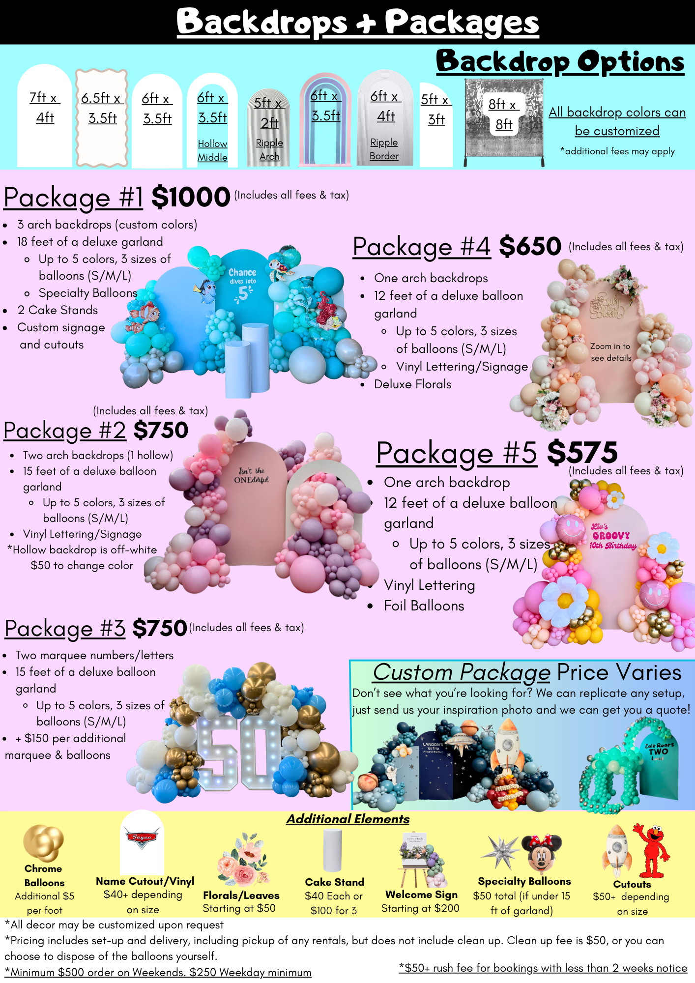 balloon decor pricing. orange county balloon backdrop rates, balloon decor price