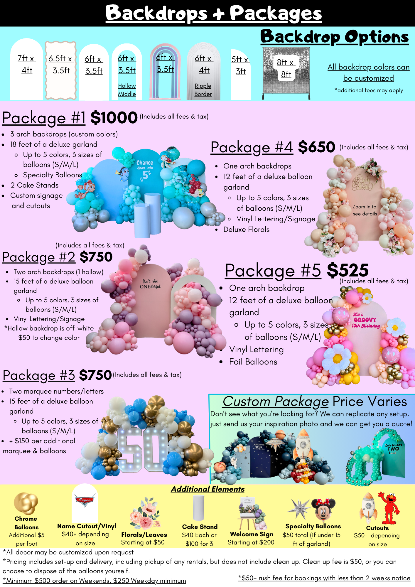 pricing for balloon decor setups with backdrops in orange county balloon decor garland