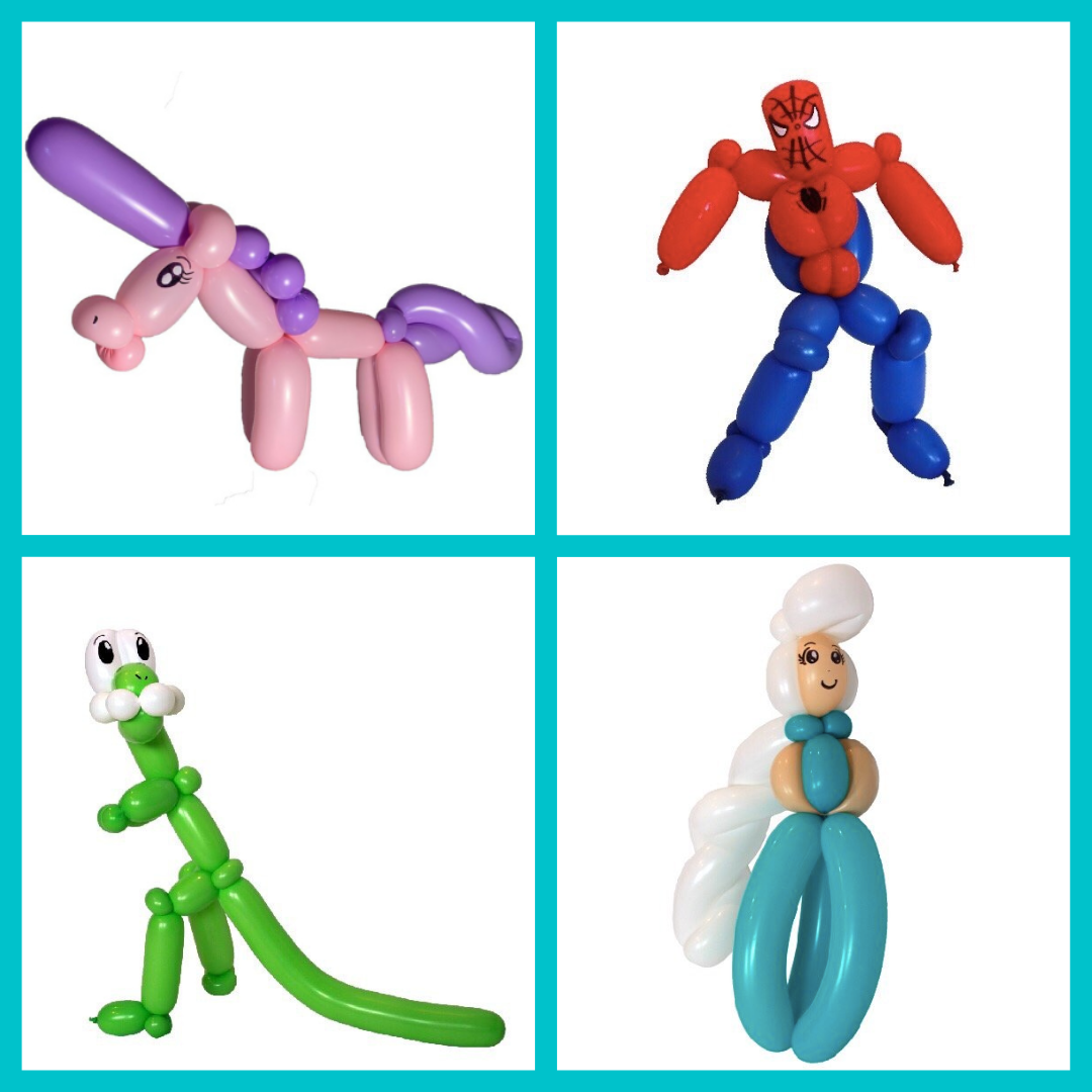 Classic balloon animal collage with dinosaur, Elsa, Spiderman, and unicorn designs for birthday parties in Orange County