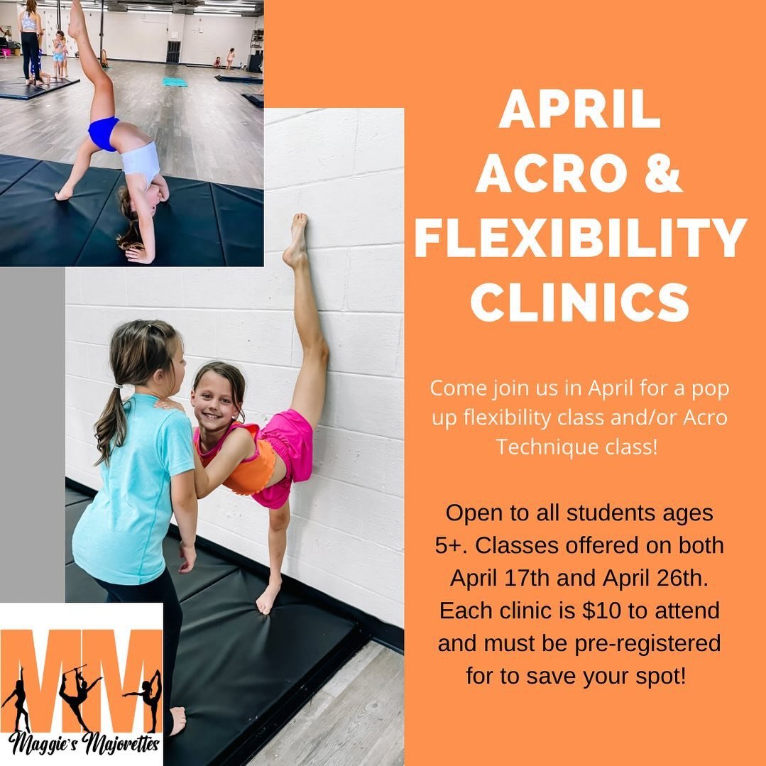 We had such a great time working with the girls at our clinics yesterday! If you missed them the first time, be sure to go register ASAP for the open slots we have next Friday:

🧡 Beginner Acro Technique, 3:30-4pm
🧡 Int/Adv Flexibility &amp; Streng