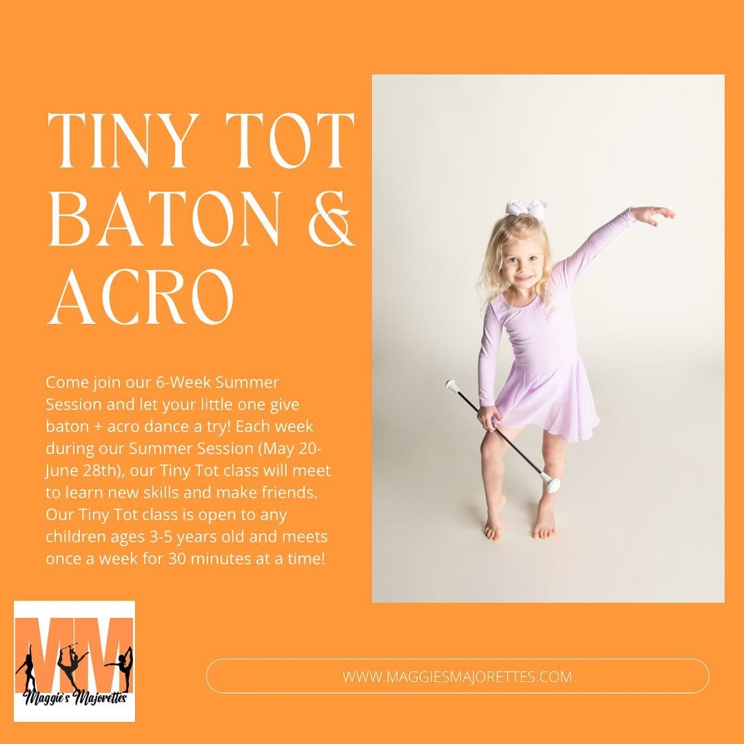 🧡✨🚨 TWO SPOTS left in our Tiny Tot Baton/Acro class for Summer Session! We&rsquo;d love for you to join us each week:

&bull; Wednesdays, 4:35-5:05pm
&bull; Ages 3-5
&bull; $70 tuition covers full six weeks

Register online ASAP to hold your spot:
