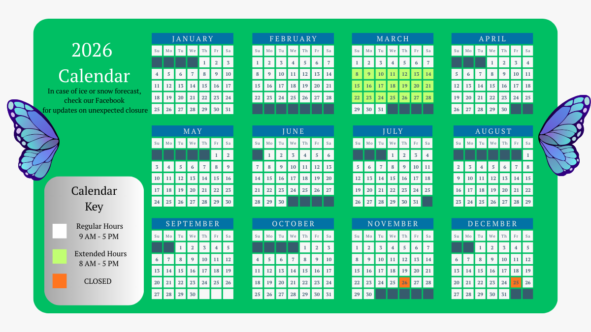 Calendar image highlighting regular hours 9am-5pm every day all year except march 8th-28th with extended hours 8am-5pm and closed on thanksgiving day and Christmas day