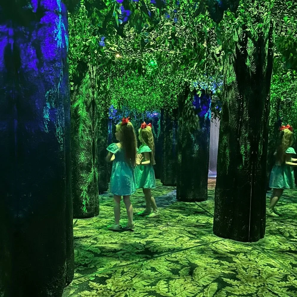 young girl trying to find her way through the emerald forest mirror maze