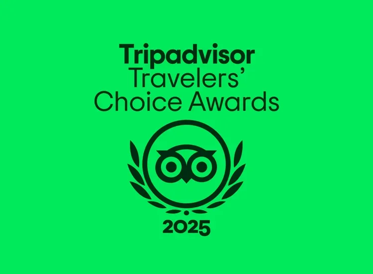 Green background with black text that reads "Tripadvisor Travelers' Choice Awards 2025" and Trip Advisor logo.