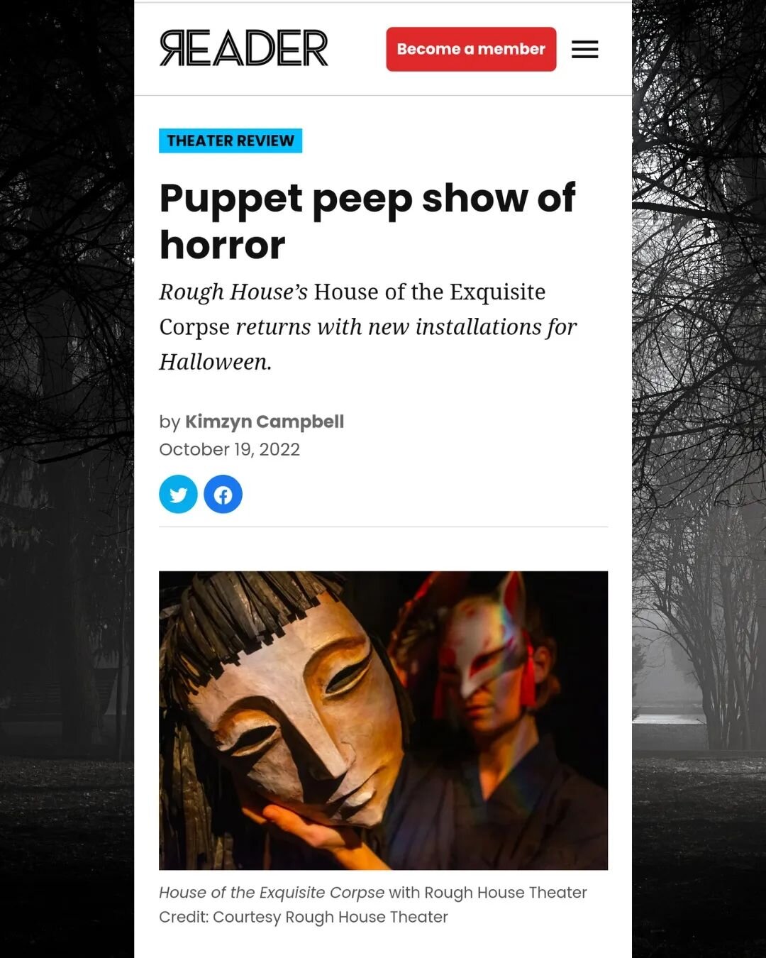 We recieved a great review from the Chicago Reader!  Swipe to read some highlights from our praise-worthy puppetry! Tickets available on our website for Thu, Fri, and Sat! After these reviews, they are going fast! 🔥🔥🔥
Find the full article online!