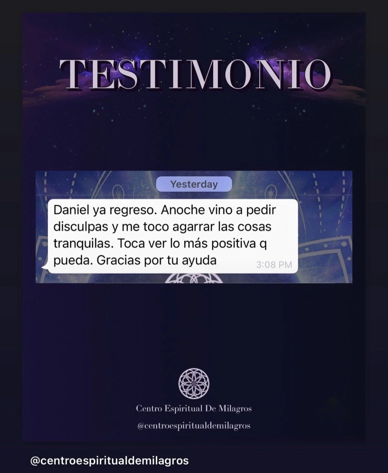 Testimonio por WhatsApp sobre el regreso de una pareja, compartido con autorización.