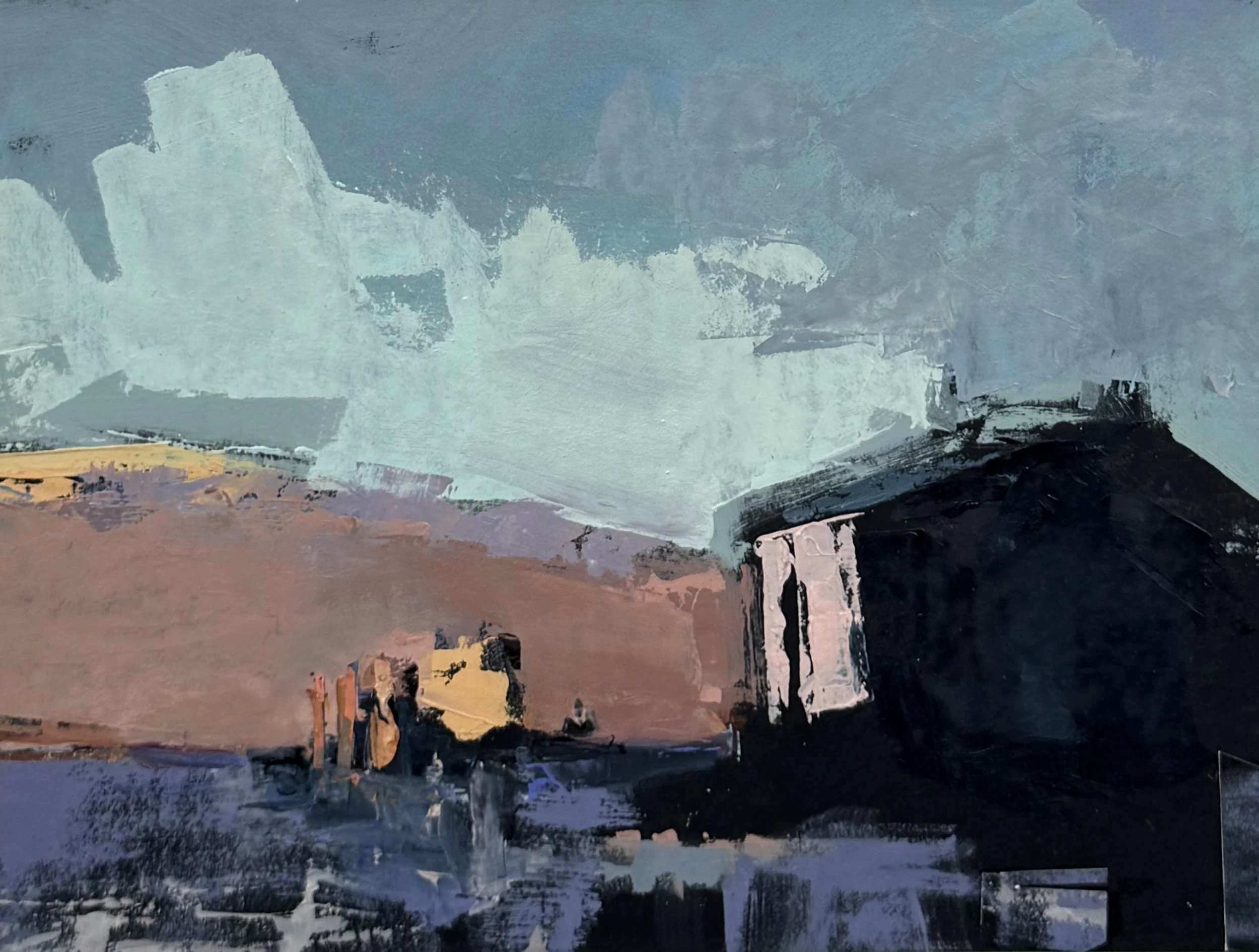 Harbor Dawn  9 x 12 inches Oil on Paper w Collage