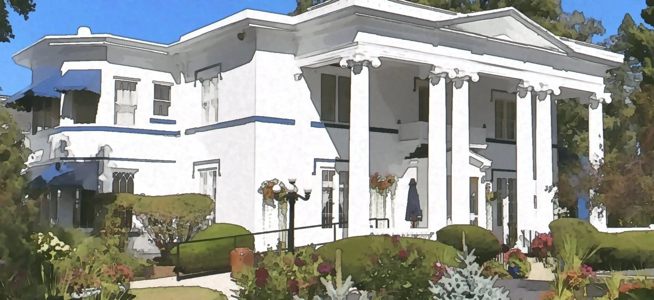 Water color of a building with tall white columns and greenery in the front.