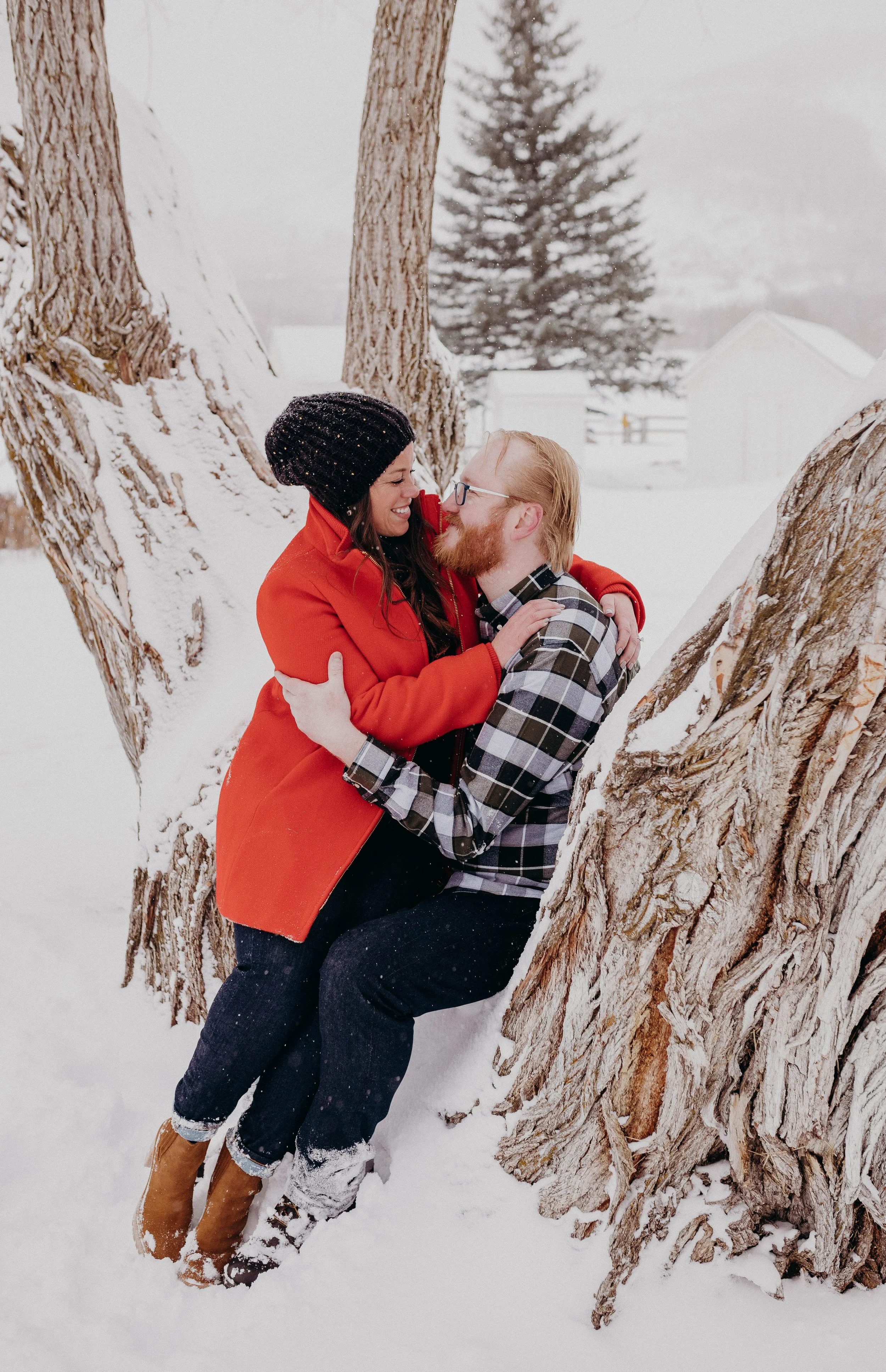 A man and woman sitting in a snowy tree