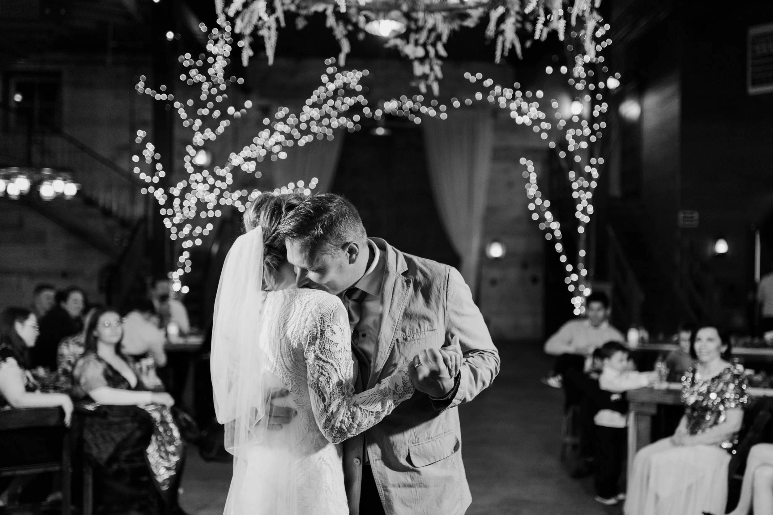A bride and groom having their first dance