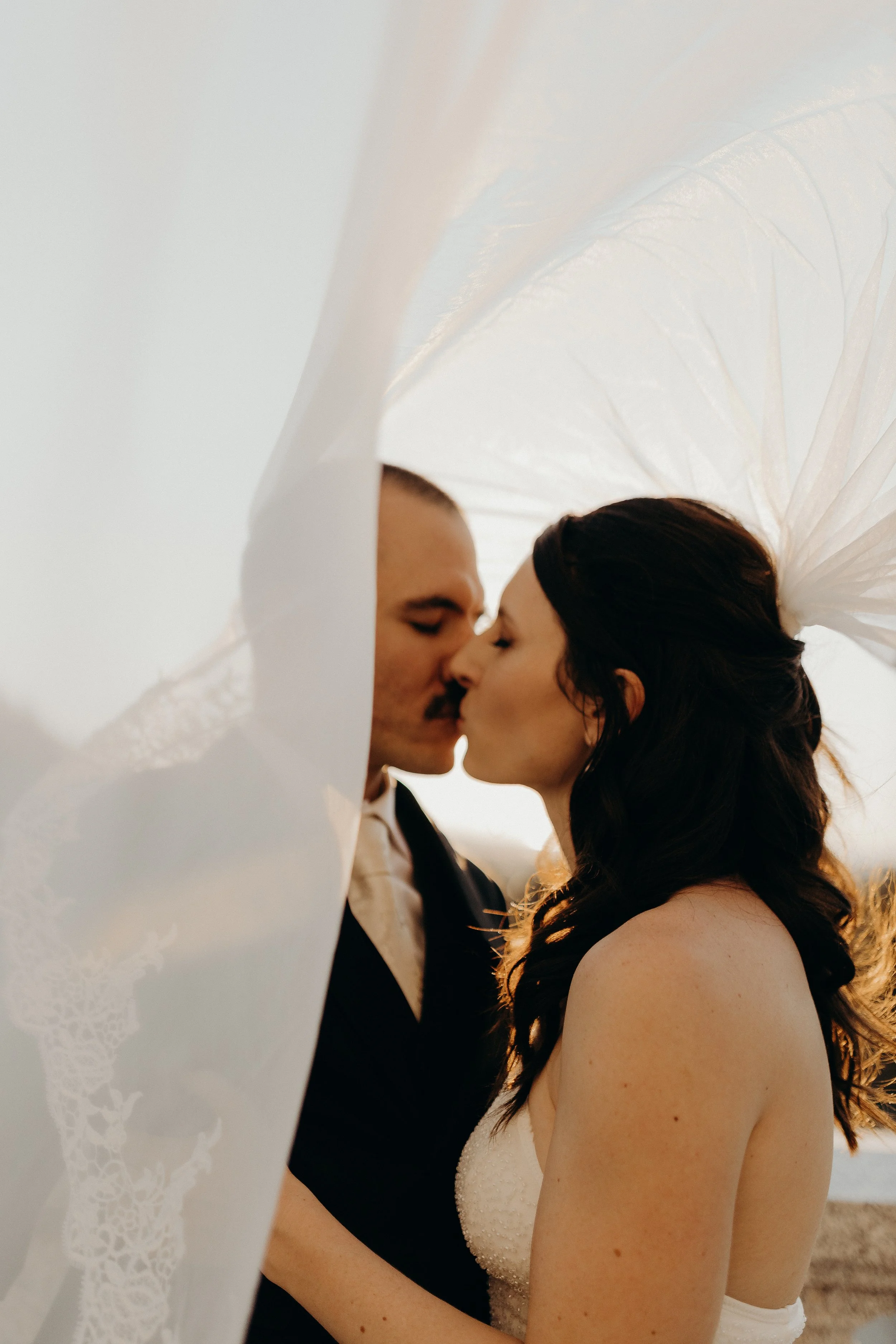 Bridal couple kissing under veil