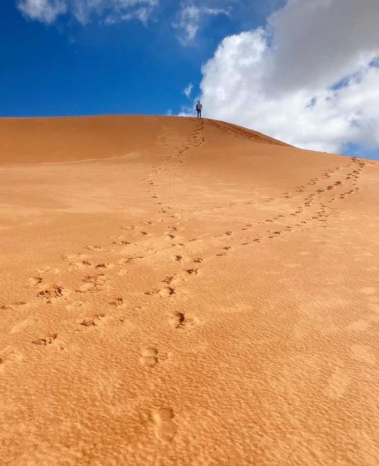 A massive sand dune with footstep marks in the sand