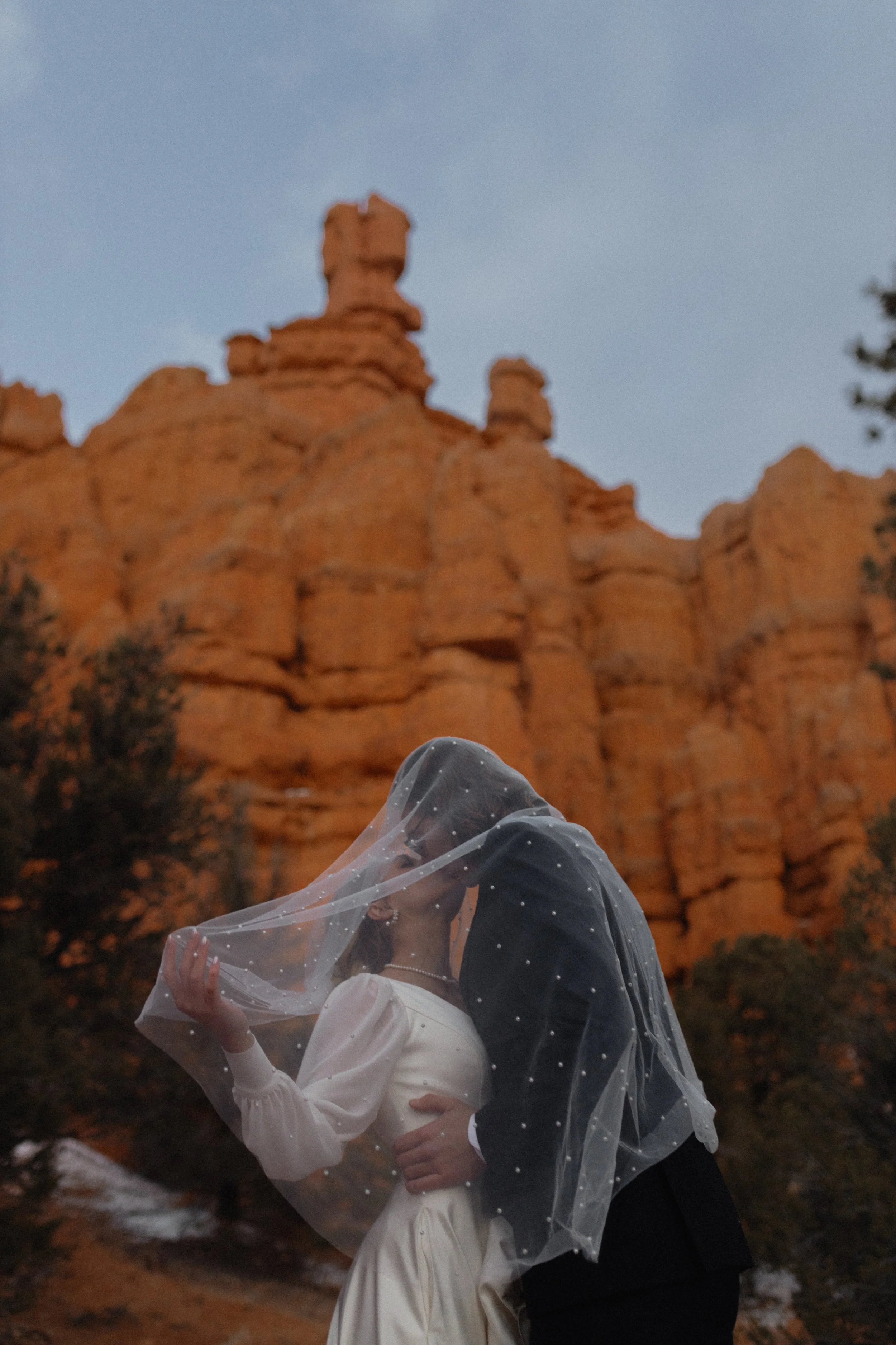 A bride and groom with a veil over their heads and red rock in the background