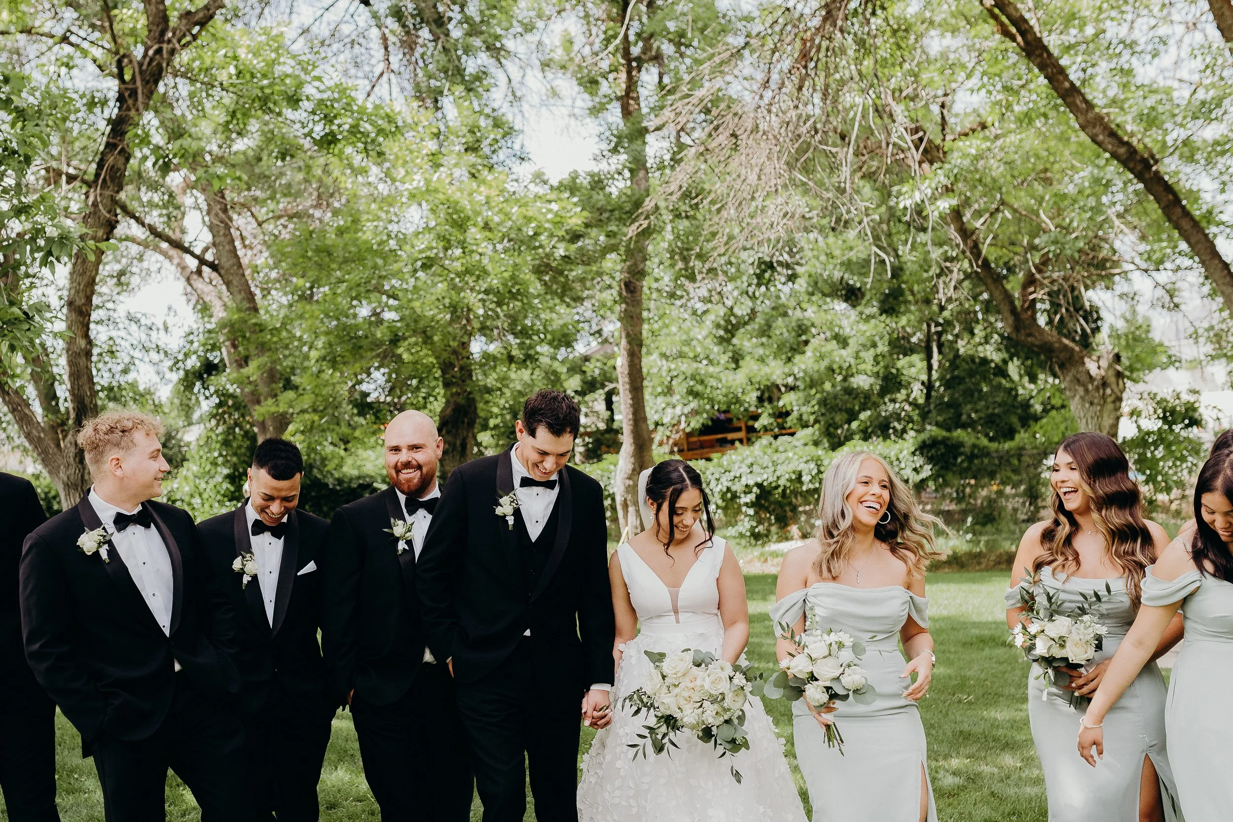Bride and groom with bridal party walking through grass