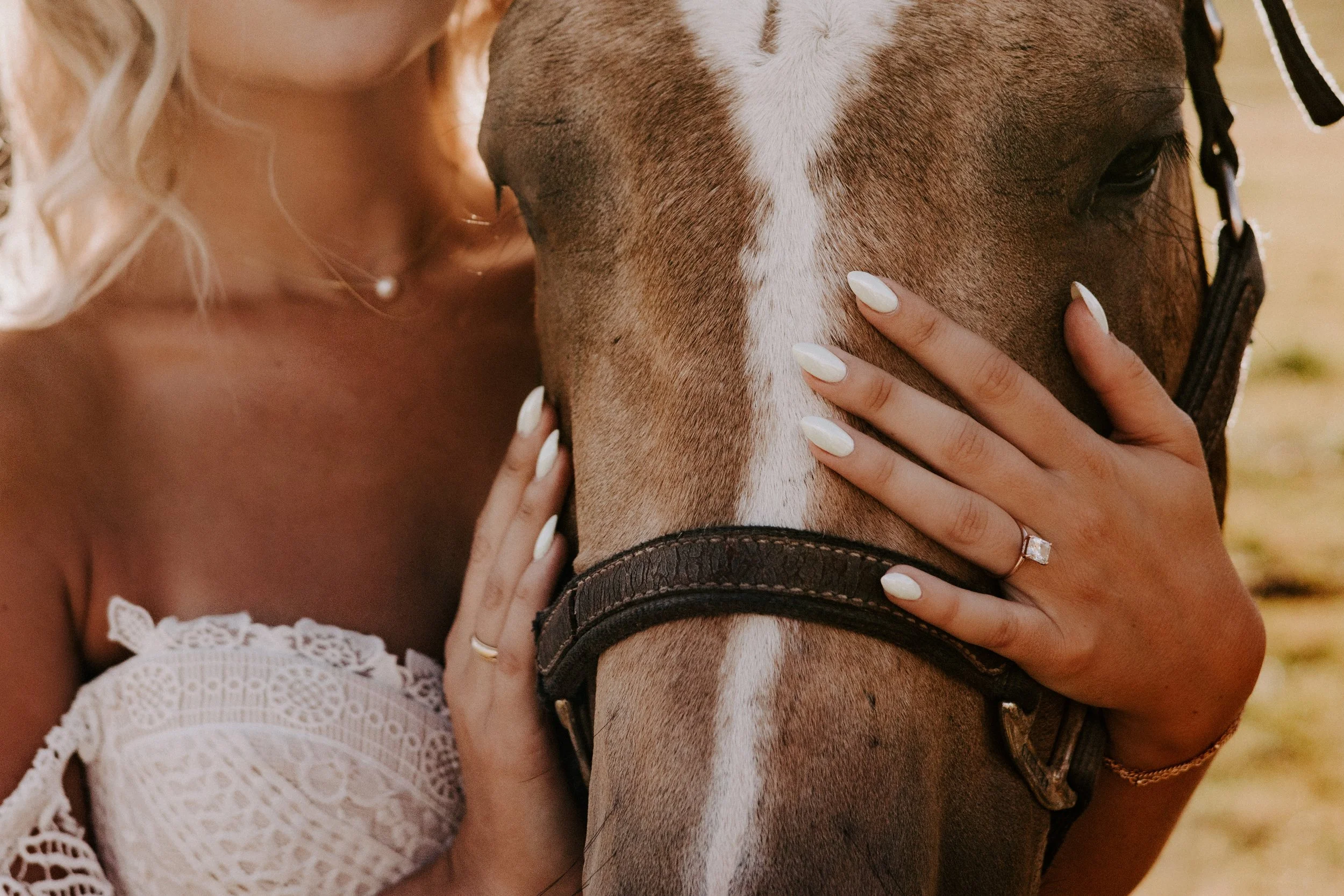 Hand with engagement ring petting horses nose