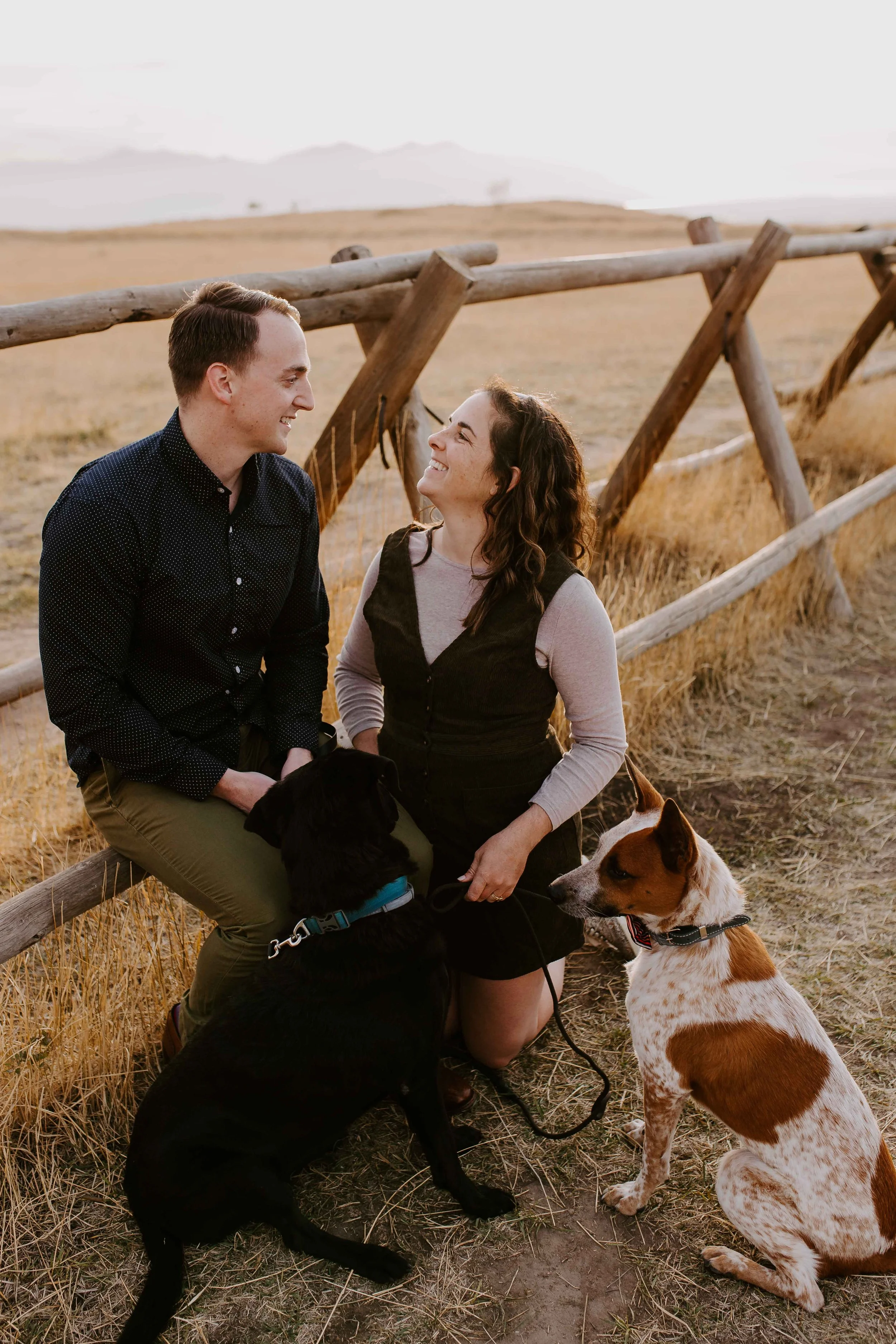 Couple sitting on fence petting dogs