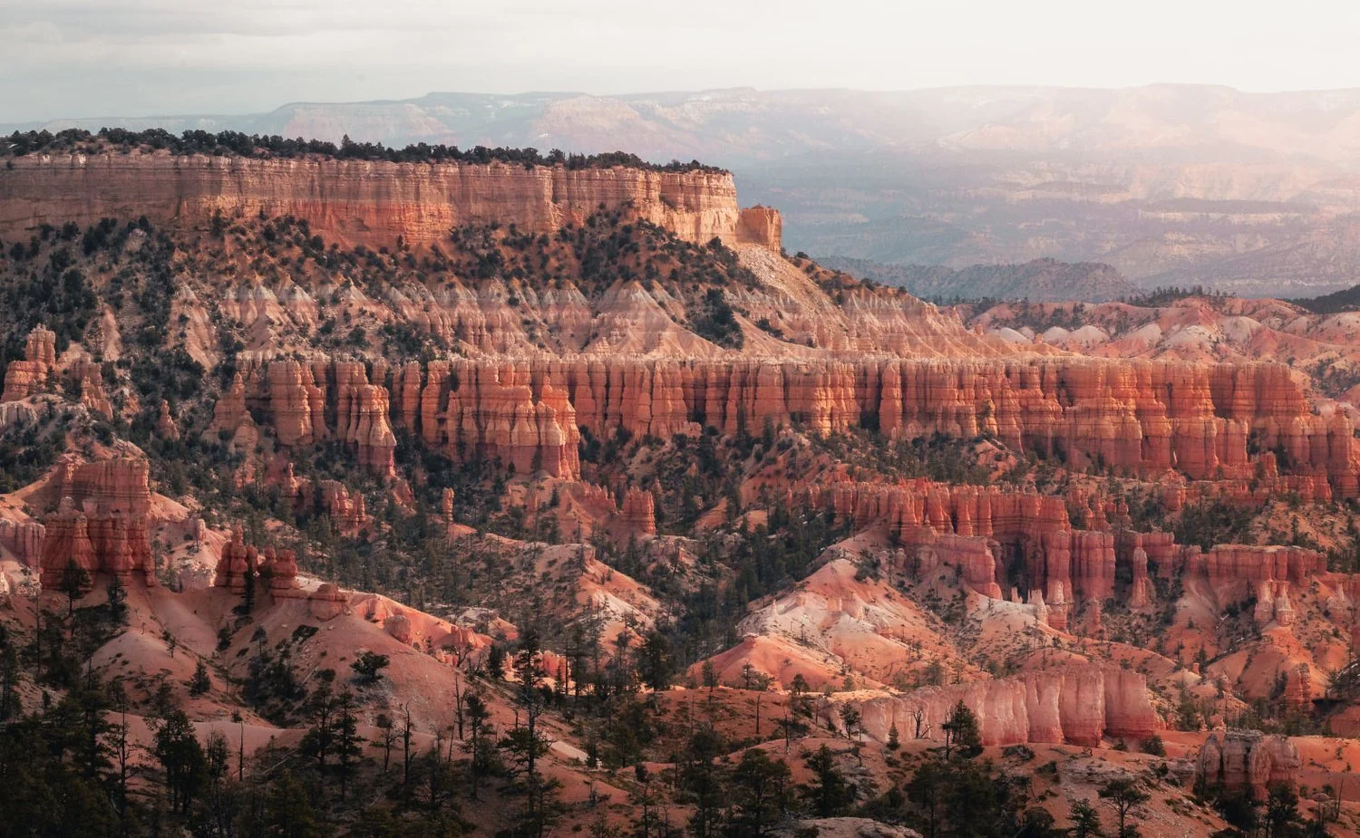 Scenic view of Bryce Canyon National Park with distinctive red rock hoodoos and cliffs under a cloudy sky.