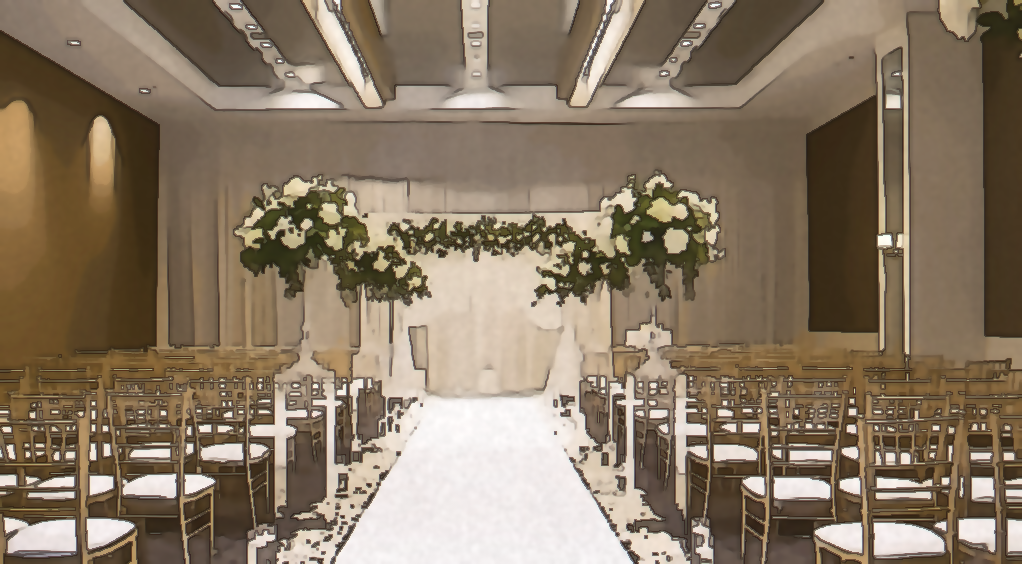 Hotel venue room for weddings with a white carpet, white florals at the alter, and white chairs with gold accents.