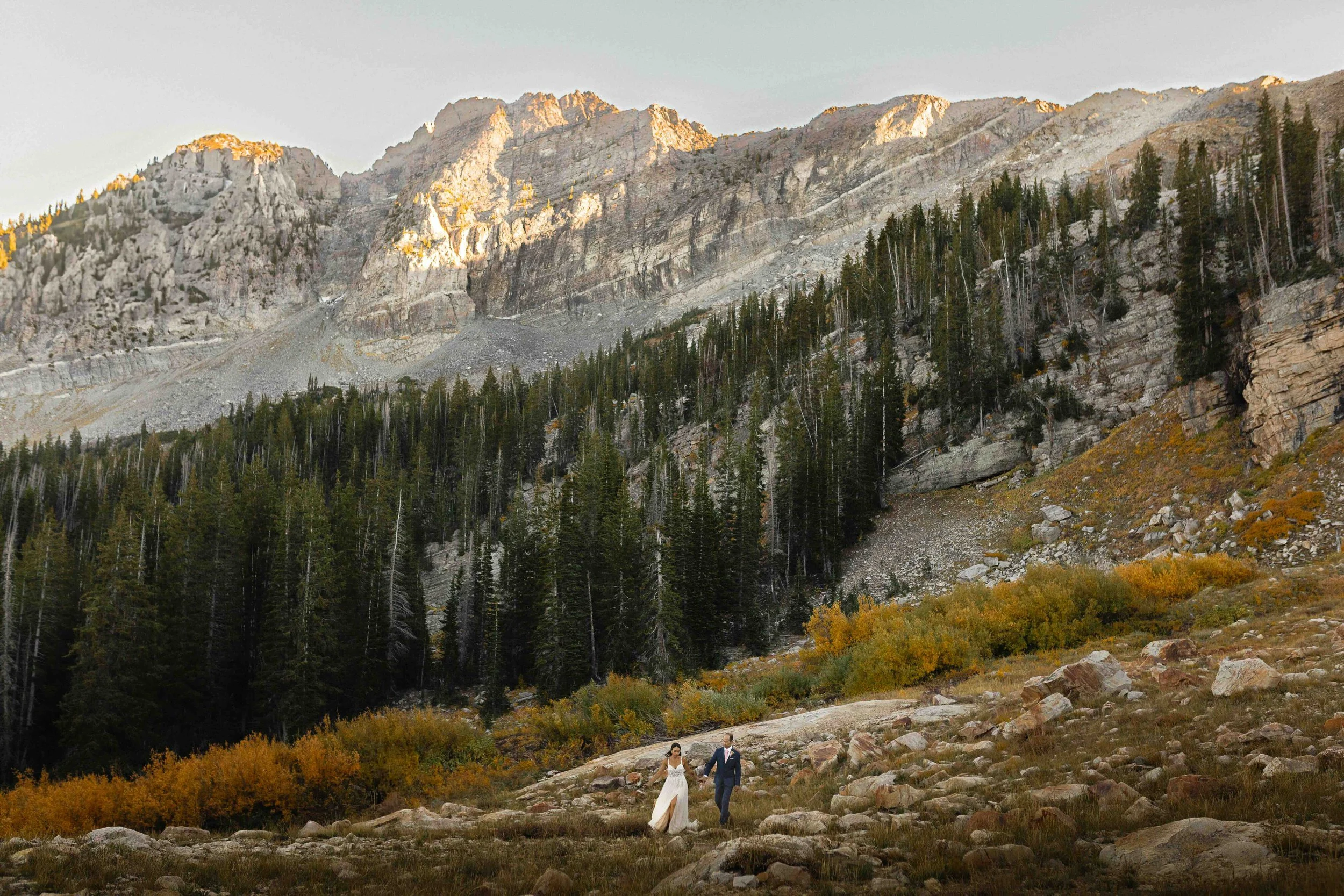 A bride and groom walking hand in hand through a rocky mountain landscape with trees and rugged cliffs in the background.