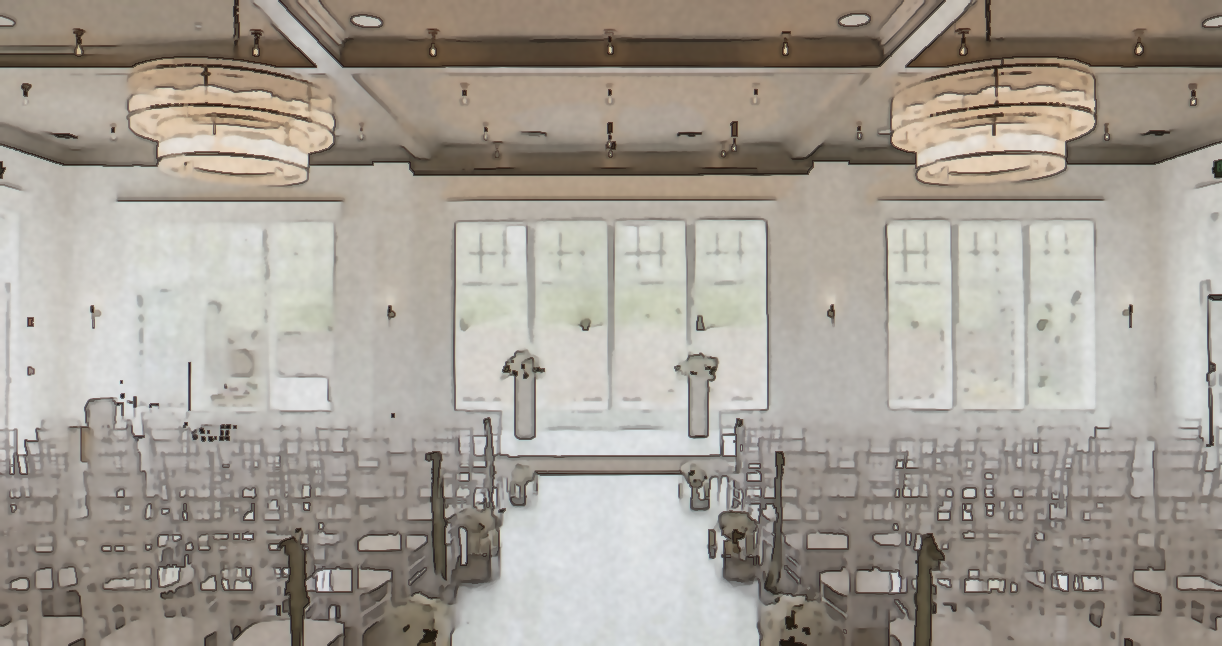 a wedding venue with white chairs. walls, chandeliers, and lots of window light