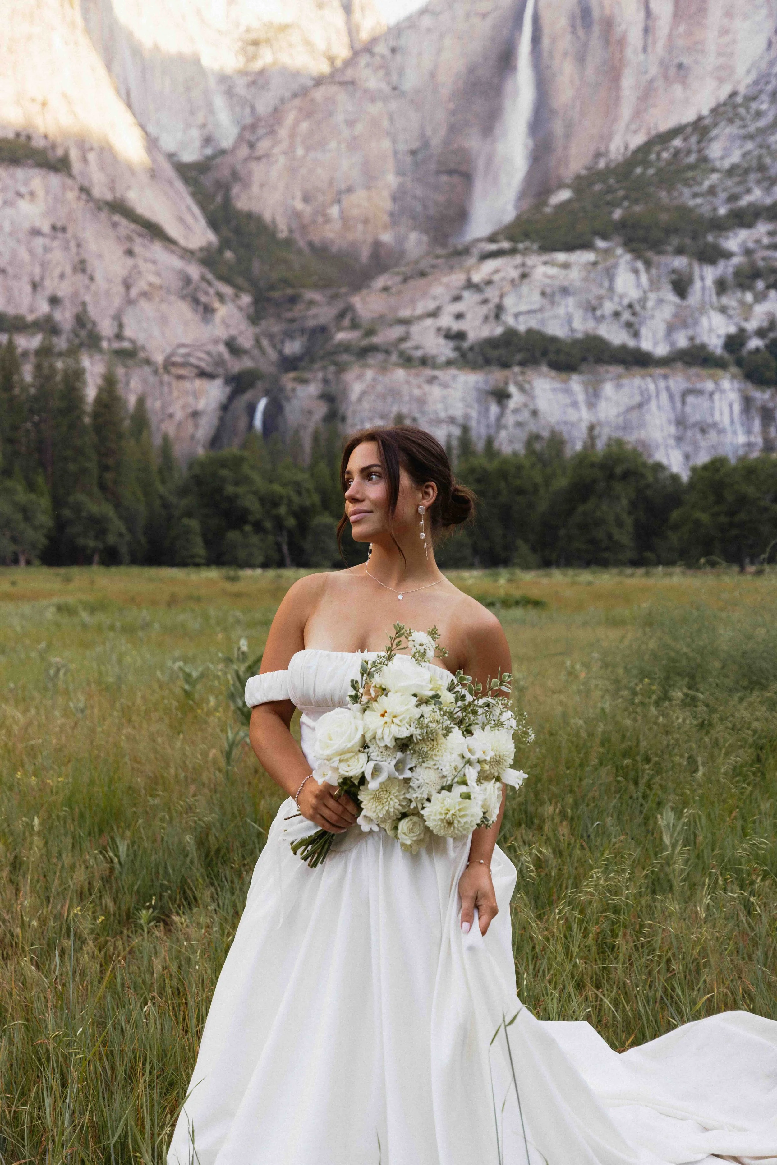 Bride standing in front of grey cliffs and two waterfalls in the background.