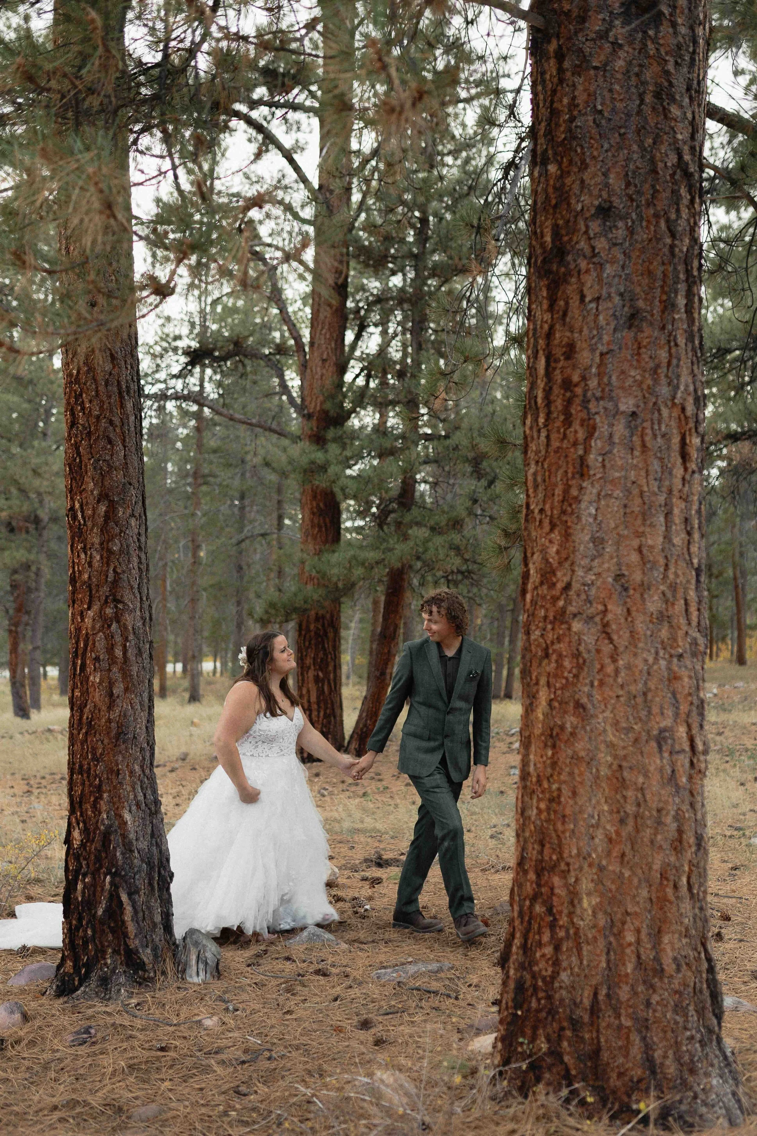 A bride and groom walking through the pine trees.