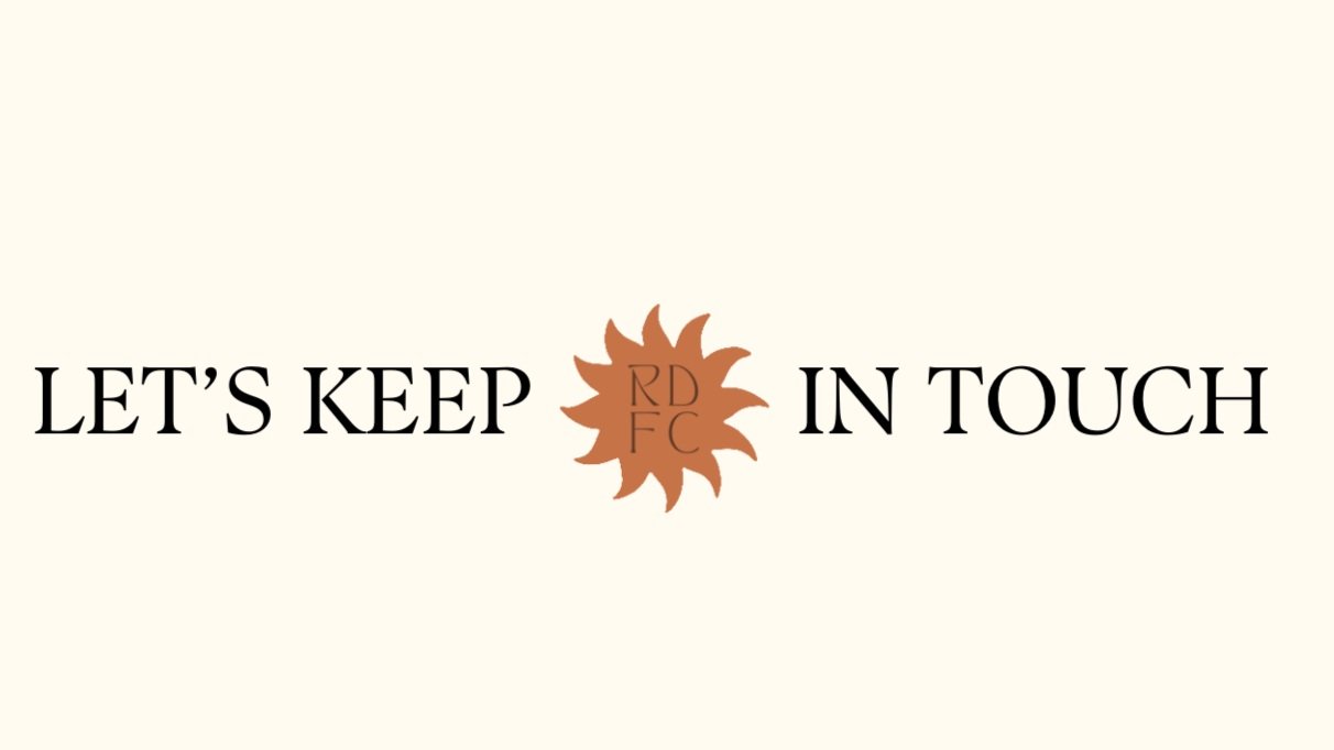 "Let's Keep in Touch" text with a stylized orange sunburst symbol containing the letters "RD F C."
