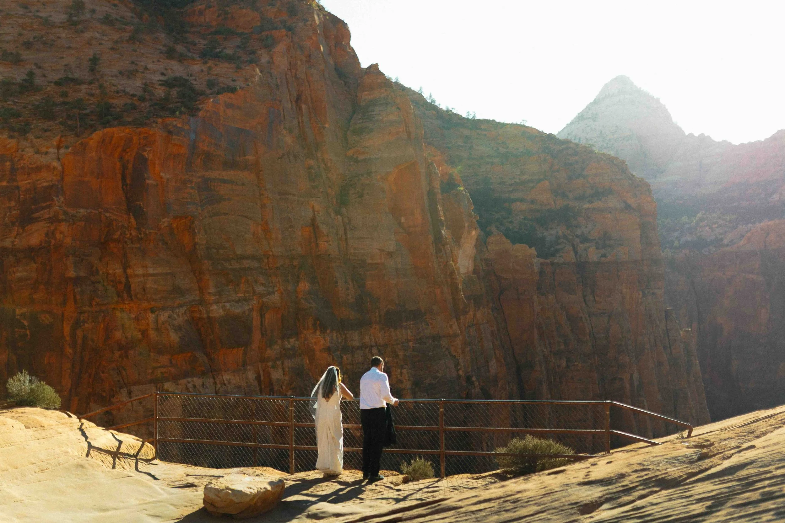 Bridal couple overlooking Zion National Park red cliff sides.
